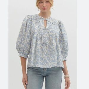 New Blue and White Puff Sleeve Blouse with coquette bow tie details